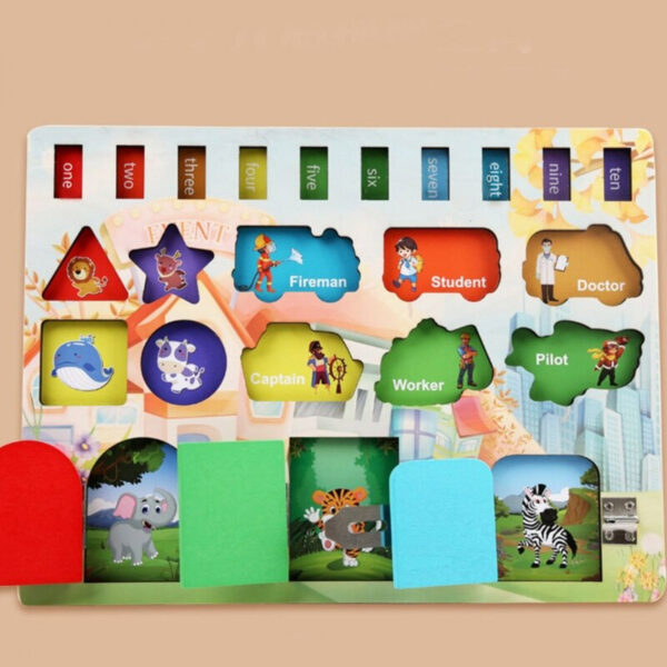 Placa din lemn cu activitati Montessori, potriveste puzzle, incuie, descuie si pescuieste