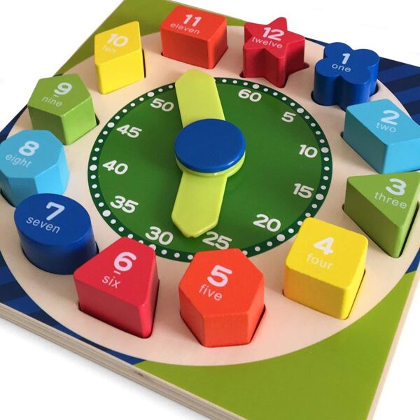 Joc educativ de sortare Montessori Ceasul din lemn cu forme geometrice si cifre