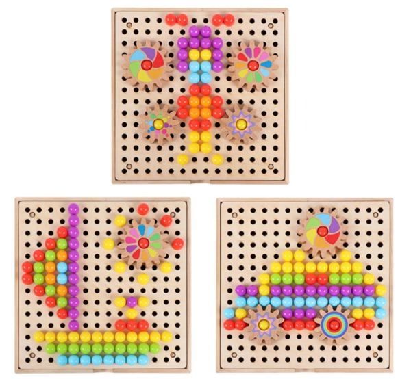 Joc Puzzle creativ Montessori din lemn, Mozaic, roti zimtate si planse, 196 de piese