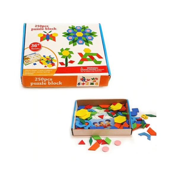 Joc Puzzle Tangram din lemn cu 250 de piese geometrice, multicolore si cifre