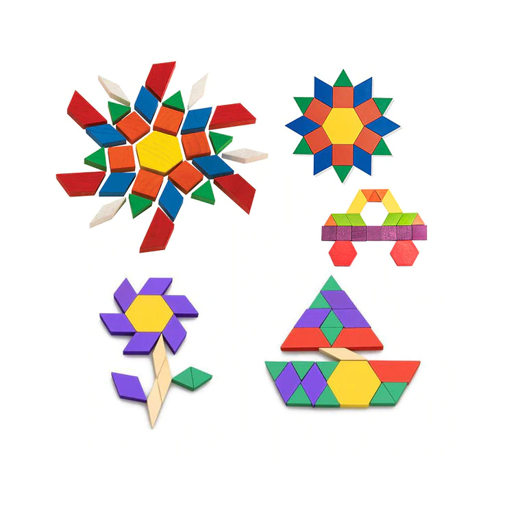 Joc Puzzle Tangram din lemn cu 250 de piese geometrice, multicolore si cifre