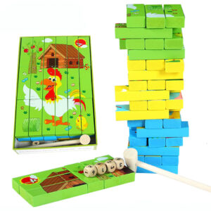 Joc puzzle Montessori si turnul instabil, joc 2 in 1, cu 3 puzzle-uri