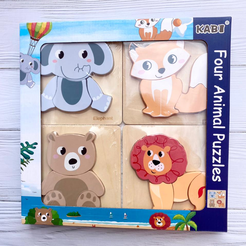 Set 4 puzzle 3D din lemn in relief, animale salbatice