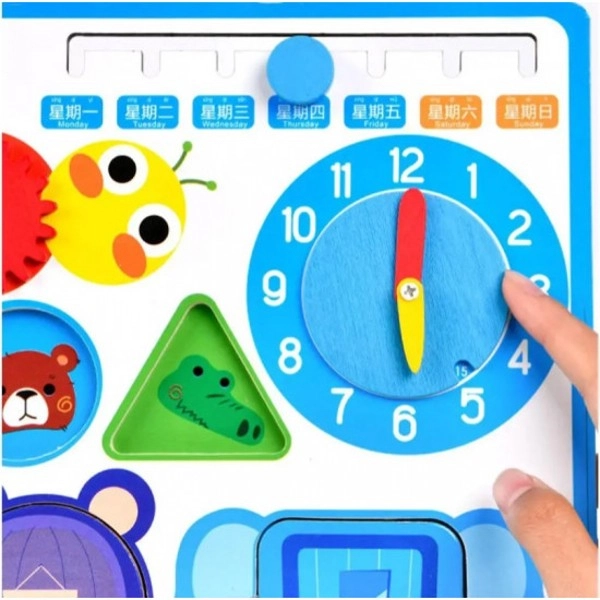 Placa puzzle si activitati Montessori incuietori din lemn, calendar si ceas
