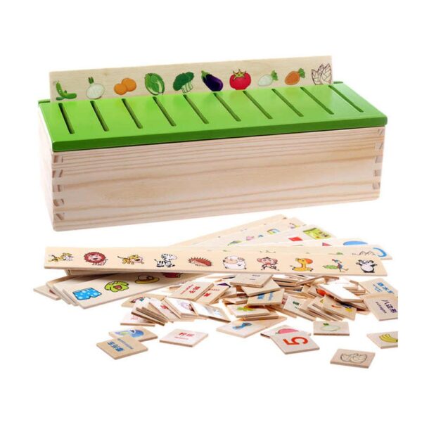 Jucarie educativa din lemn, cutie pentru sortare, Montessori, 90 de piese colorate cu animale, cifre si simboluri, 3 ani+