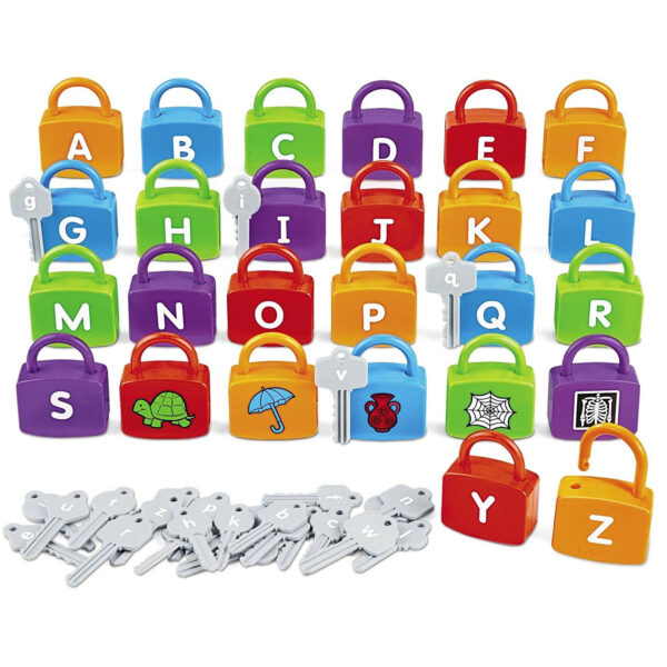 Joc interactiv Montessori cu lacate, chei si alfabet, include 26 de lacate si 26 de chei