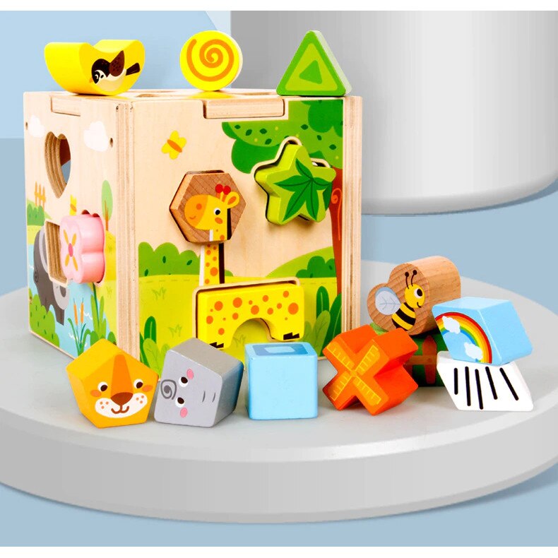 Cub din lemn cu animale, Montessori, 15 forme