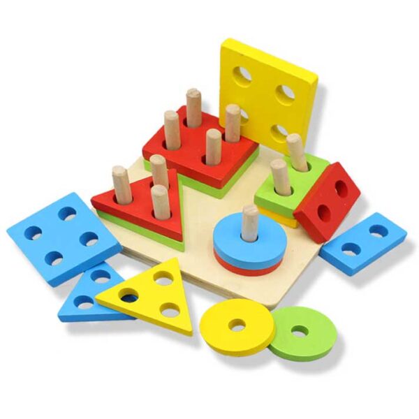 Blocuri din lemn, Montessori, 4 forme geometrice si 4 coloane, multicolor