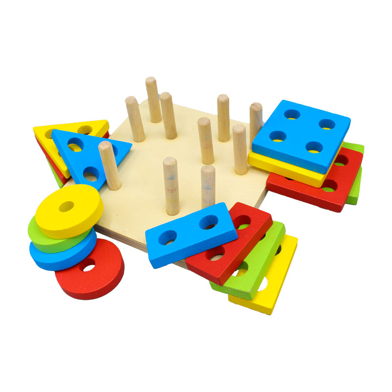 Blocuri din lemn, Montessori, 4 forme geometrice si 4 coloane, multicolor