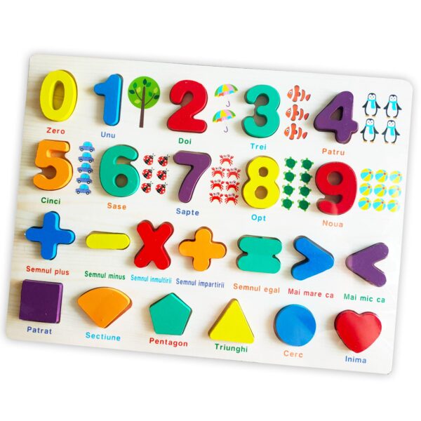 Puzzle educativ din lemn, cifre, semne matematice, forme geometrice, cu semnificatie pe tablita, in limba romana si desene