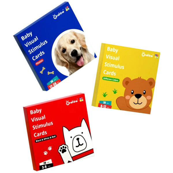 Set 60 de carduri pentru stimularea vizuala a bebelusi, cartonase cu imagini alb, negru, rosu si color