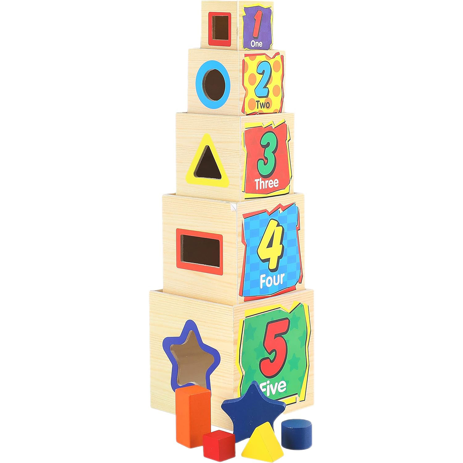 Jucarie educativa si senzoriala Montessori tip turn, din lemn, 5 cuburi