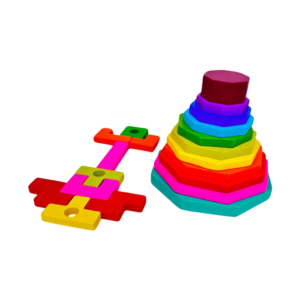 Joc de stivuire, tetris si sortare Montessori, tip piramida din lemn, Forme Geometrice