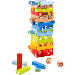 Joc turnul instabil Jenga, Montessori, din lemn, cu Animale, 51 piese